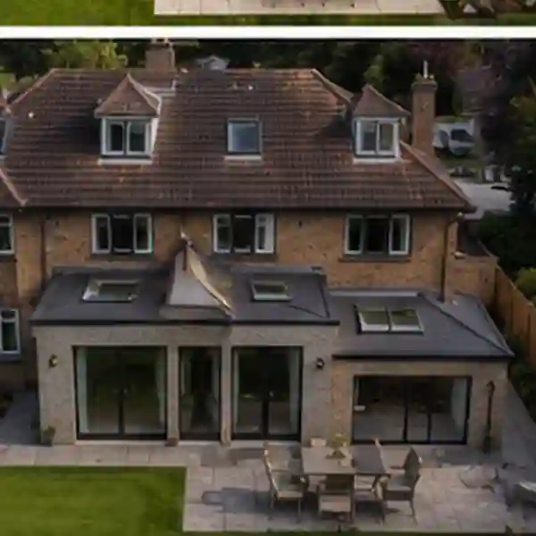 Exterior view of a Cobham KT11 wrap-around house extension with improved garden connection
