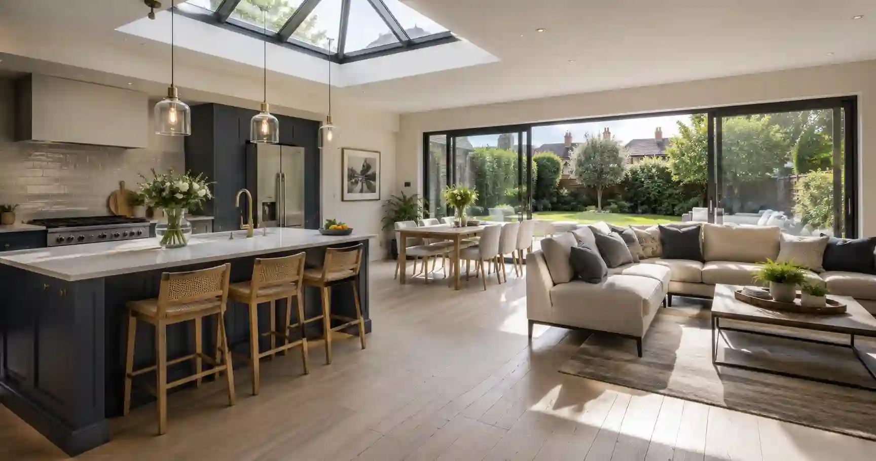 Finished kitchen extension with rooflights and sliding doors in an Elmbridge home