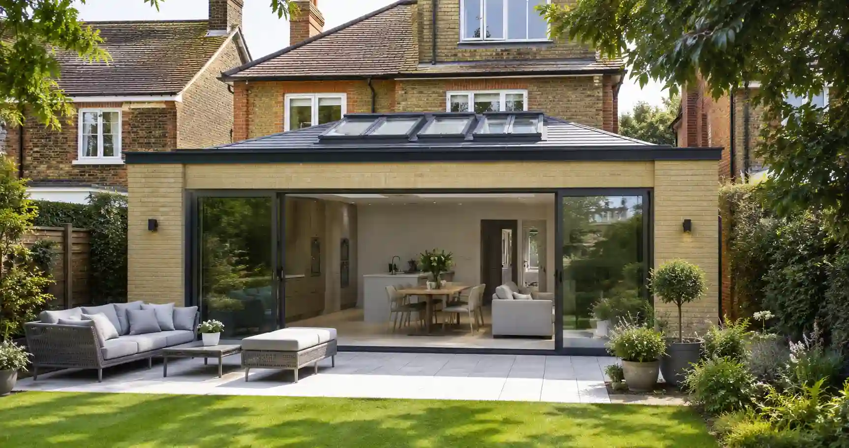House extension under construction with structural steel insulation and glazing preparation