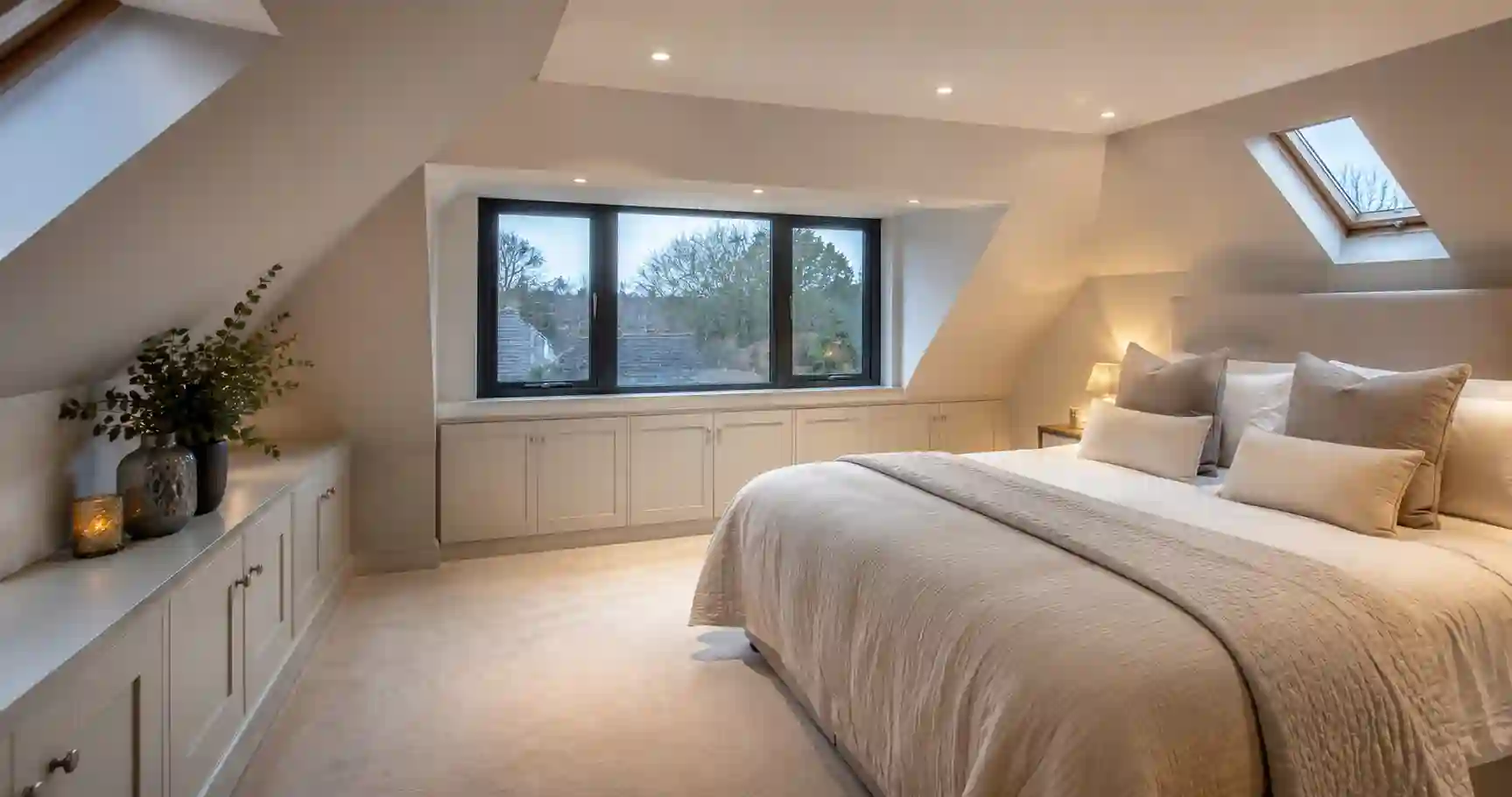 Finished loft bedroom with dormer window and built in storage in an Elmbridge home