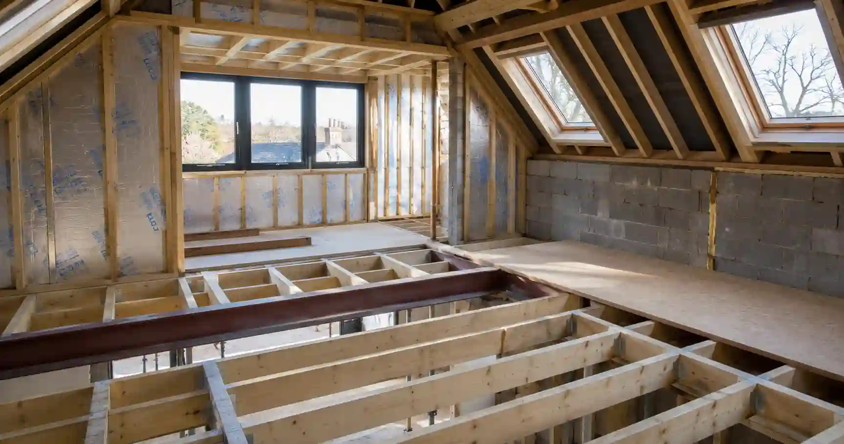 Loft conversion under construction with steel beams insulation and rooflights